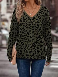 EMERY ROSE Casual V-Neck Long Sleeve Leopard Print T-Shirt, Military Green, Autumn/Winter - Multicolor - View 3