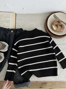 SHEIN Young Boys' Autumn/Winter High Collar Striped Zip-Up Cardigan Sweater, Versatile For Home, School, Outings, Beige & Black