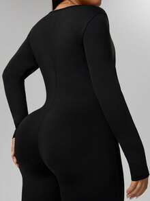 Rhythm Era Women's Diamond Square Neck Long Sleeve Fitted Long Jumpsuit, Casual Sportswear For Daily Wear, Running, Yoga, Plus Size Legging Jumpsuit Unitard Jumpsuit Tummy Control Jumpsuit Tummy Control Romper - Black - View 3