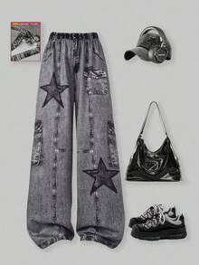 SHEIN ChillGRL 印花针织阔腿裤，时尚百搭，适合青少年女孩，春夏秋季皆宜。 - 黑色 - 查看 1