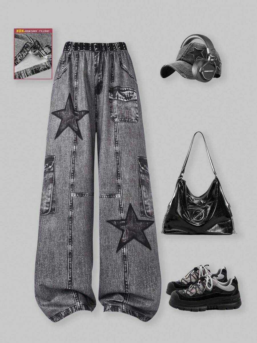 SHEIN ChillGRL 印花针织阔腿裤，时尚百搭，适合青少年女孩，春夏秋季皆宜。 - 黑色 - 查看 1