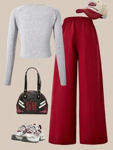 SHEIN ChillGRL 两件套：少女灰色数字印花长袖圆领上衣和阔腿工装裤，休闲套装 - 彩色 - 查看 2