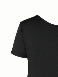 SHEIN Explorewe Camiseta de manga corta con hombros abiertos y estampado negro para adolescentes, verano - Negro - Ver 4