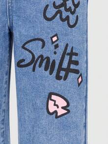 SHEIN Explorewe Jeans de pierna ancha y suelta con estampado de moda, efecto desgastado, lavado azul medio para niñas preadolescentes - Azul lavado medio - Ver 3