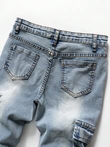 Quần jeans cargo dáng slim fit, rách rưới, nhiều túi, chun co giãn, phong cách đường phố cổ điển dành cho bé trai tuổi teen, đi học, sinh viên, phong cách thời trang thu đông. - Đồng - Xem 4