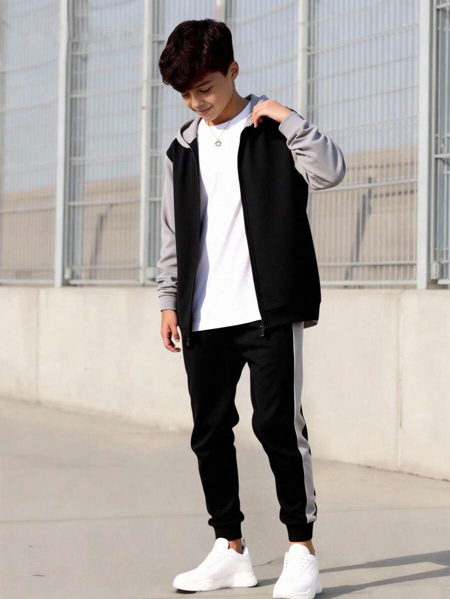 SHEIN Vacaura 2pcs Teenage Boy's Casual Color Block Hoodie Jacket And Pants Set, Spring Autumn, School, Campus, College Chic Outfits For Autumn/Winter