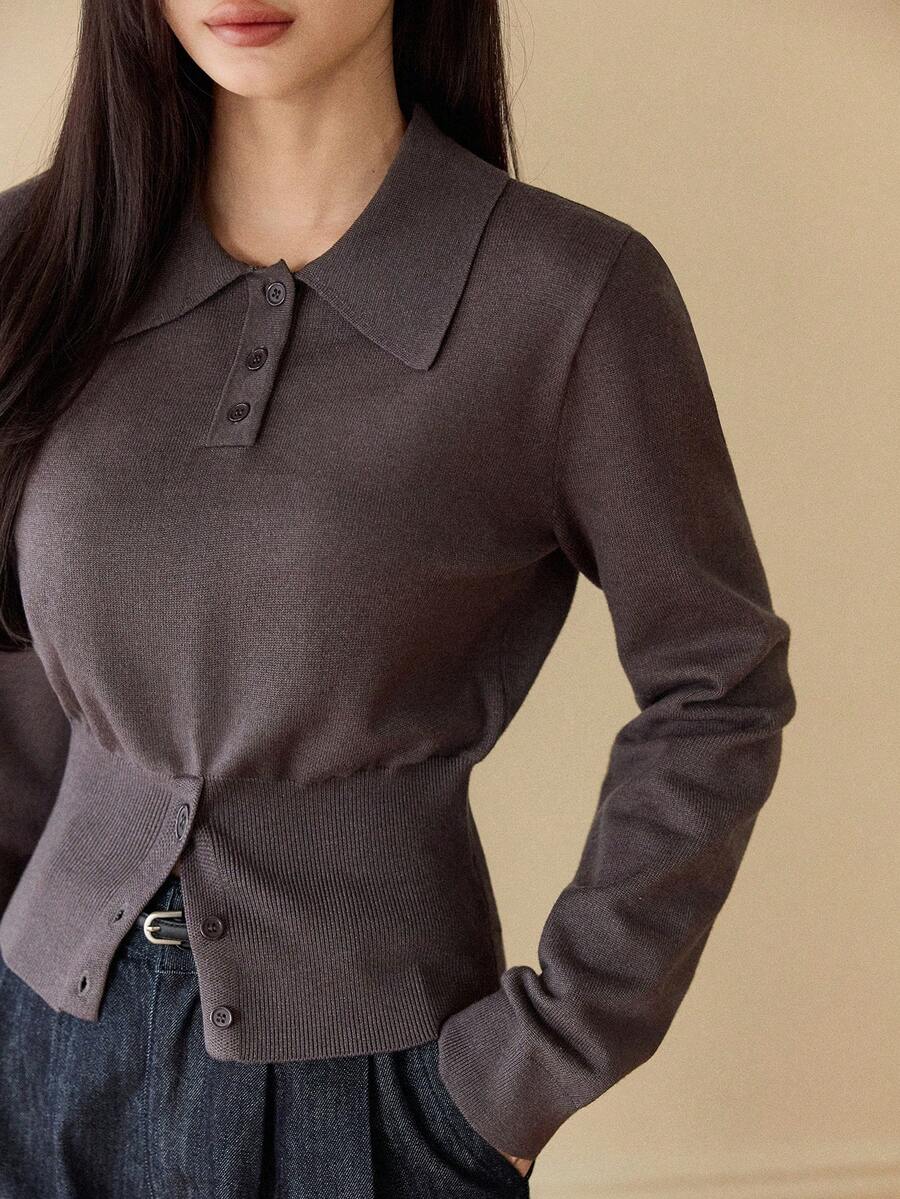 Dazy-Less Áo len nữ dáng rộng, màu trơn, cổ polo, cài cúc, vạt rộng, thích hợp mặc hàng ngày đi làm, mùa thu/đông, phong cách công sở. - Xám - Xem 1