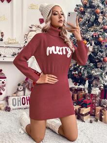 SHEIN LUNE Women's Casual Christmas Letter Print Turtleneck Red Embroidered Dress, Fall/Winter For New Year Clothes - Red - View 5