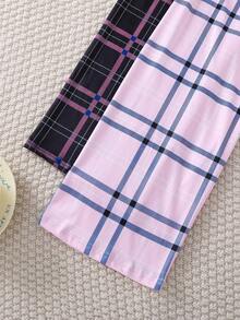 SHEIN 4pcs Girls Letter Print Long Sleeve Top + Plaid Pants Casual Homewear Set Soft Pajamas Set Tween Girls Pajamas-Pajama Set Pink And Gray Letter Print Round Neck Long Sleeve Top With Plaid Pants Cozy Loungewear Four Season Sleepwear 2026 New Year Essential - Multicolor - View 7