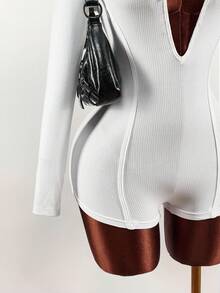 Amplova 舒适性感深V领收腰修身连体短裤，女士春季款 - 白色 - 查看 6