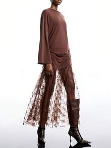 LYSMO 女士纯色拼接简约休闲长袖连衣裙 - 咖啡棕 - 查看 4