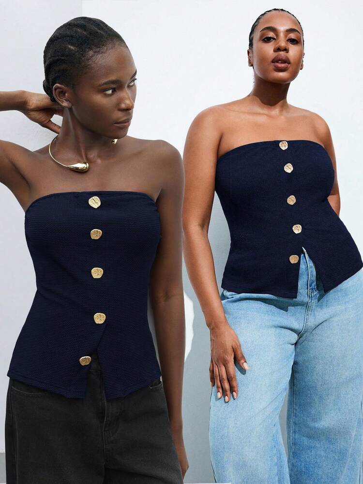 SHEIN Maija Plus Size Women's Black Top Metal Button Color Block Front Slit Hem Tube Top, Urban Commute Business Casual Elegant, Wedding Guest, Beach Holiday Navy Blue Tube Top Curve Summer Top Spring To Summer Spring Valentine's Day Party Beach Wedding Vacation Casual