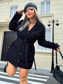 SHEIN EZwear 大码纯色落肩长袖前扣牛仔衬衫裙，时尚百搭 - 深色水洗藍 - 查看 3