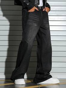 PAVTROS Quần jeans ống rộng túi rộng rãi thường ngày cho nam - màu đen - Xem 5