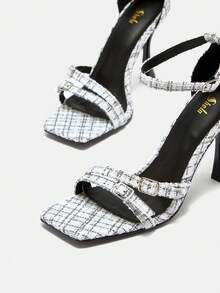 Thin Heel Woolen Strip Band Open Toe Back Strap Sandals With Square Toe - Black and White - View 6