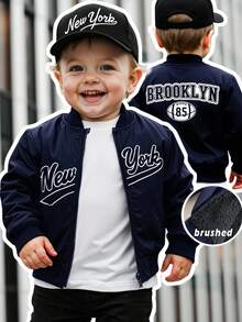 SHEIN 1 Stück Babyjungen Lässige schwarze Jacke aus gewebtem Stoff mit weißem Buchstabe Muster, Reißverschluss, Baseball-Kragen, Langarm, leicht, zeigt den Stil für Kleinkindjungen, geeignet für Rückkehr zur Schule, tägliche Ausflüge und Freizeitaktivitäten - marineblau - Übersicht 3