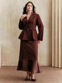 Anewsta Plus Size Women's Elegant Burgundy Two Pieces Set,Cinched Waist Blazer Jacket & Skirt,Autumn Formal Business Casual For Commuting,Party,Wedding,Chic - Burgundy - View 3