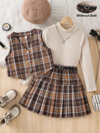 SHEIN 3 件套女童无袖纽扣背心、高领罗纹长袖 T 恤和带腰带的百褶裙套装