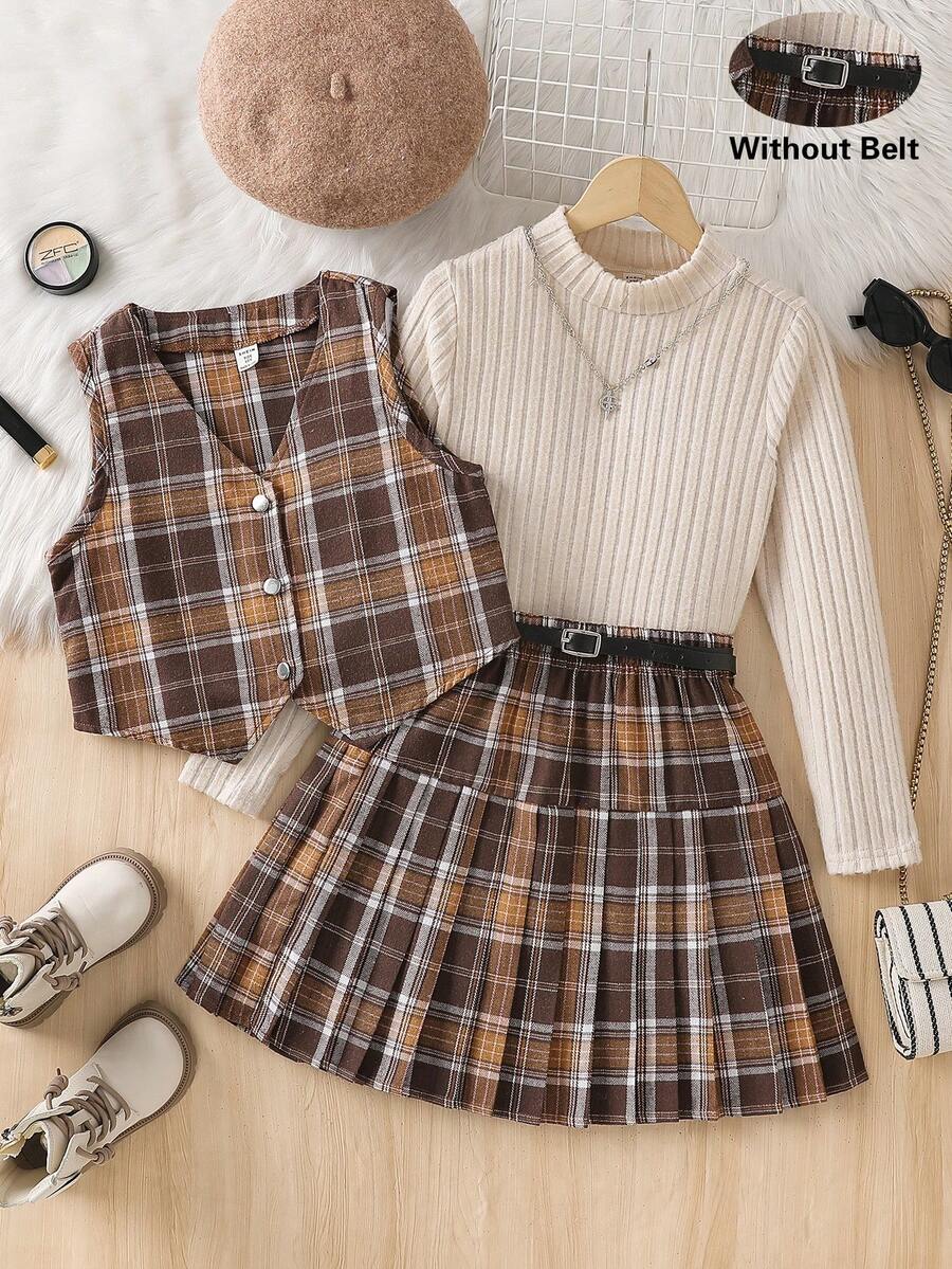 SHEIN 3 件套女童无袖纽扣背心、高领罗纹长袖 T 恤和带腰带的百褶裙套装