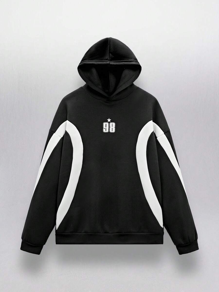 NEON BLANC 男女通用针织拼接宽松插肩袖数字图案印花连帽衫，适合秋冬季穿着 - 黑色 - 查看 1