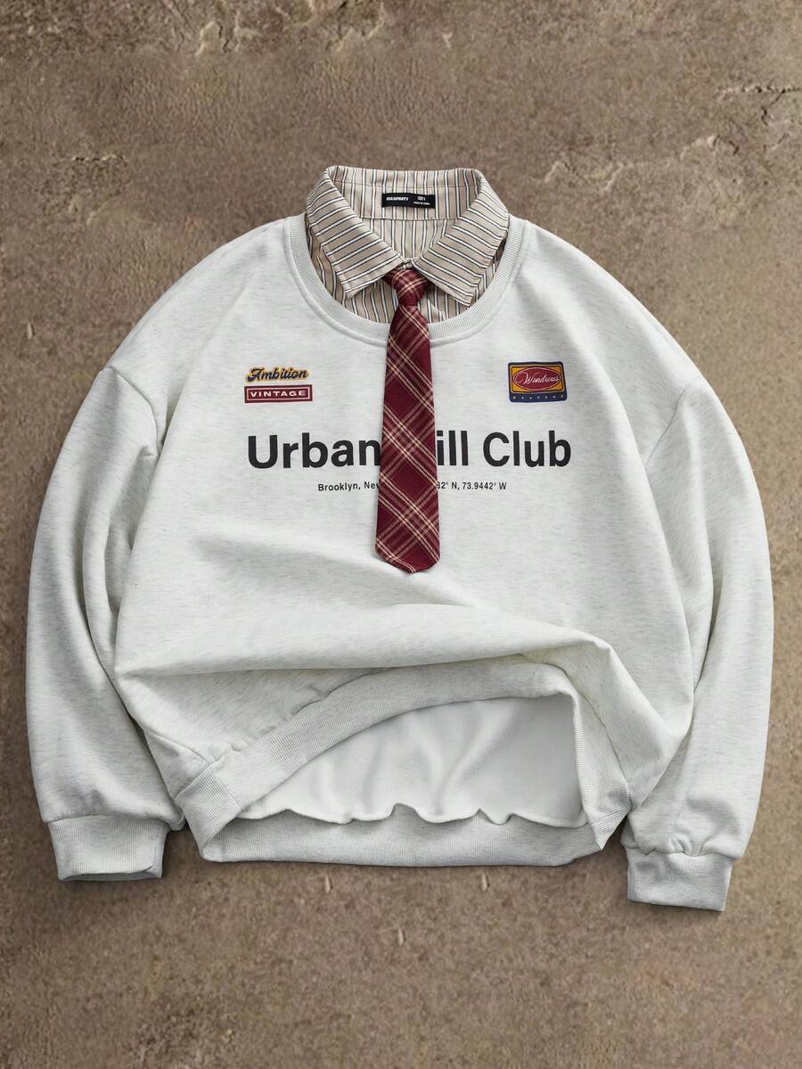 AXEPEAK 男士针织休闲宽松长袖二合一保暖内衬运动衫，适合秋冬 - 淺灰色 - 查看 1