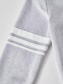 SHEIN Explorewe Teen Girl Solid Color Hooded Fleece Sleeve Striped Sweatshirt, Autumn/Winter - Grey - View 4