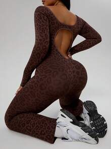 Rhythm Era Plus Size Women's Sexy Backless Long Sleeve Jumpsuit Seamless Jumpsuit Brown Jumpsuit Women Brown Body Suit Compression Jumpsuit Shaping Leopard Jumpsuit Tummy Control Jumpsuit Long Sleeve Jumpsuits For Woman - Coffee Brown - View 7