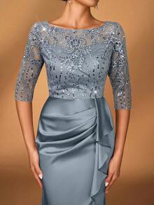 Serin 优雅奢华的刺绣亮片蕾丝缎面薄纱长袖鱼尾开衩连衣裙，适合婚礼、派对、度假、盛大晚宴、晚间活动、新娘母亲、情人节等场合。 - 灰色 - 查看 3