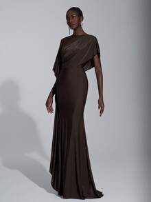 Elitara Elegant Luxurious Satin Ruffle Sleeve Sexy Slit Fishtail Bridesmaid Dress - Coffee - View 4