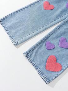 SHEIN ChillGRL Tween Girl Oversized Vintage-Style Multicolor Embroidered Academy Casual Relaxed Fit Comfortable Washed Light Blue Denim Wide Leg Pants Summer Holiday - Light Wash - View 6