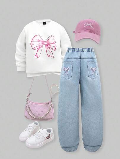 SHEIN ChillGRL 2pcs/Set Tween Girl Casual Loose Butterfly Print Sweatshirt & Pink Washed Loose Butterfly Embroidered Straight Leg Jeans, Two-Piece Set