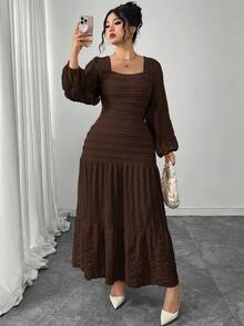 Modelyn Plus Size Women Knitted Long Sleeve Split Square Neck Frill Trim Dress - Coffee Brown - View 3