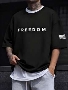 Manfinity Dauomo Men's Casual Loose Fit Round Neck Drop Shoulder Letter & American Flag Print T-Shirt - Black - View 1