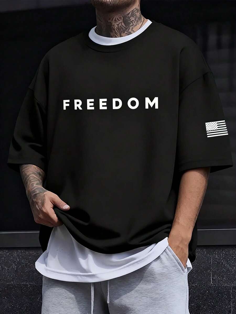 Manfinity Dauomo Men's Casual Loose Fit Round Neck Drop Shoulder Letter & American Flag Print T-Shirt - Black - View 1