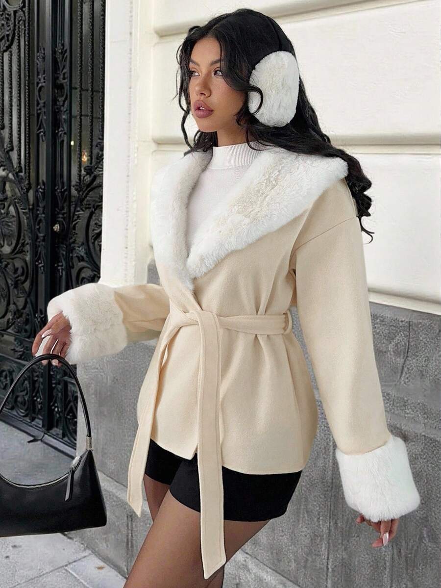 MainGRL 女士时尚优雅毛绒混纺夹克，适合秋冬外出装、返校装和街头装 - 白色 - 查看 1