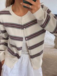 DAZY Áo khoác cardigan dệt kim cổ tròn tay dài họa tiết sọc tương phản phong cách retro cho nữ, mùa thu/đông - trắng - Xem 5