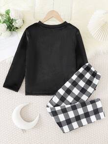 2件套 男童/儿童/青少年经典加厚抓绒格子印花套头睡衣套装，秋冬季休闲家居服 - 黑與白 - 查看 2