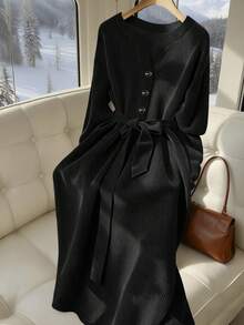 GlowEve Women's Solid Color Button Front Long Sleeve Casual Corduroy Dress - Black - View 3