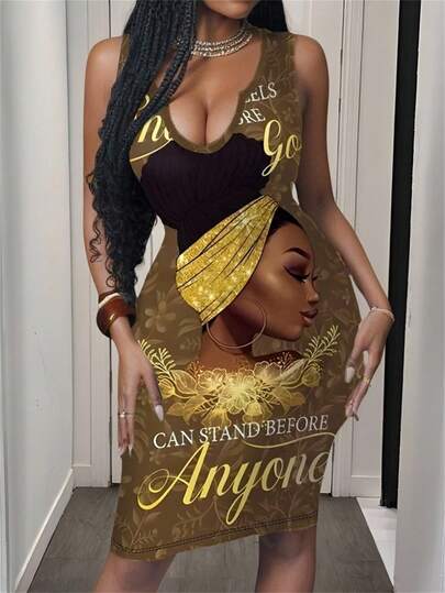 Maweii Vestido sin mangas con escote abierto y estampado dorado para mujer de tallas grandes