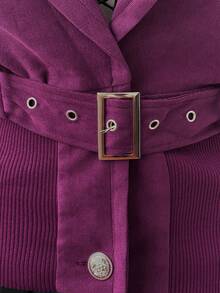 Sunspun Plus Size Solid Color Ribbed Waist Turndown Collar Button Decor Belt Short Jacket, Long Sleeve - Purple - View 5