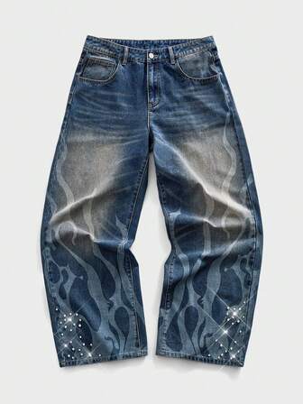 Jeans casuales de pierna ancha y bolsillo con estampado de llamas para hombres