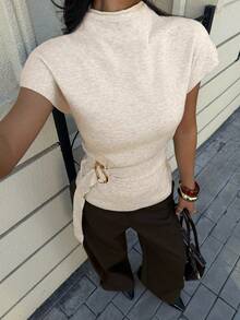 Siren Gaze Women's Versatile Cream Waist Belt For Women Featuring A Stylish Gold Statement Buckle Stand Collar Batwing Short Sleeve Waist Metal Design Casual Knit Top Buckle Top Summer Tops Women Summer Outfits Spring Break Outfits Going Out Tops For Women - Apricot - View 5
