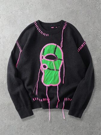 Herren Bestickter Rundhals Loose Fit Lässig Pullover, Herbst/Winter