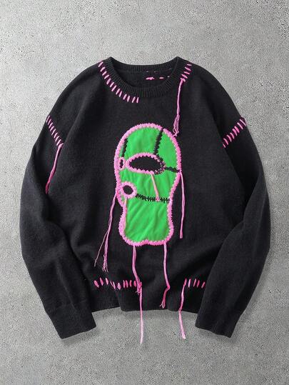 Maglione casual ampio con collo a giro ricamato da uomo, autunno/inverno