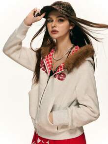 Rina Fox 女士休闲拉链连帽抓绒外套，秋冬季 - 淺灰色 - 查看 5