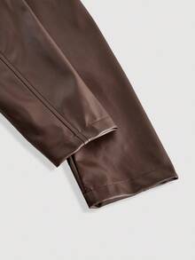 SHEIN MOD Women's Fashion Street Chic PU Leather Lapel Collar Cropped Jacket And Fold Pleated Hem Single-Breasted Camisole Dress Set, Autumn - Brown - View 8