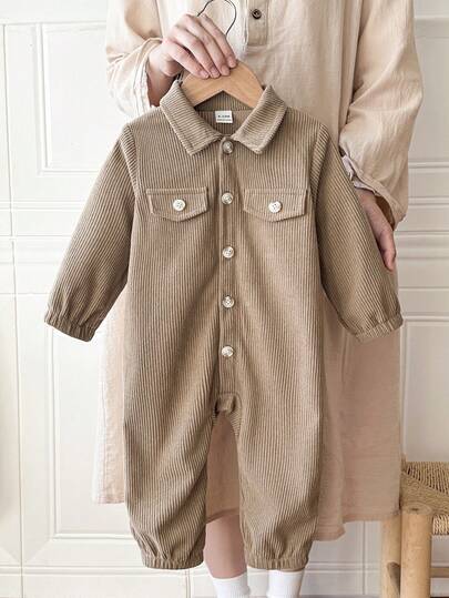 SHEIN Vintaside Kids 男婴休闲灯芯绒翻领开衫连体衣，适合日常外出、上学、聚会、度假、运动，男婴服装，幼儿服装，婴儿连体衣