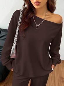 SHEIN EZwear 女士春夏基础款针织纯色灰色宽松露肩不对称领长袖卫衣和喇叭裤运动套装，两件套 - 巧克力棕 - 查看 3