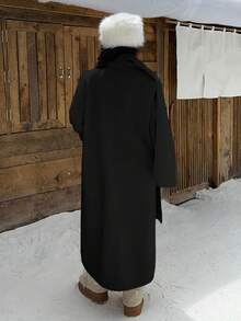 SHEIN EZwear Áo khoác dài hai hàng khuy có cổ áo choàng thiết kế khăn quàng cổ cho nữ, Thu/Đông - màu đen - Xem 2