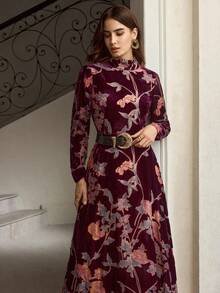 ZEYLAH 女士优雅花卉立领长袖连衣裙 - Red Plum - 查看 8